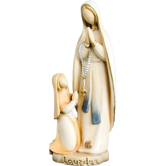 Our Lady of Lourdes and Saint Bernadette Carved Wood Statue