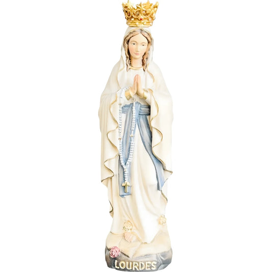 Our Lady of Lourdes Statue with Golden Crown in Carved Wood 7.75"