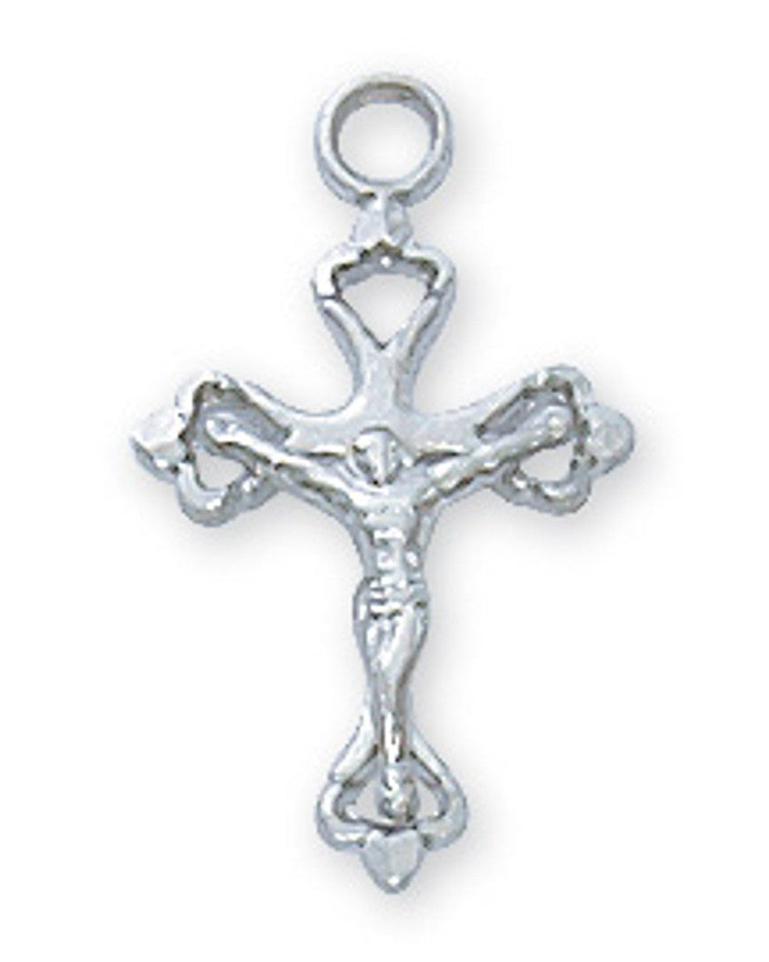 A sterling silver crucifix pendant with a rhodium plated chain.