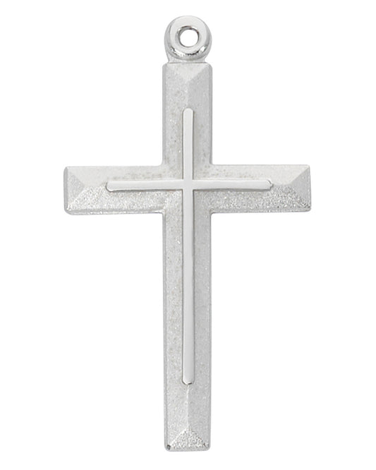 Silver cross pendant on a white background