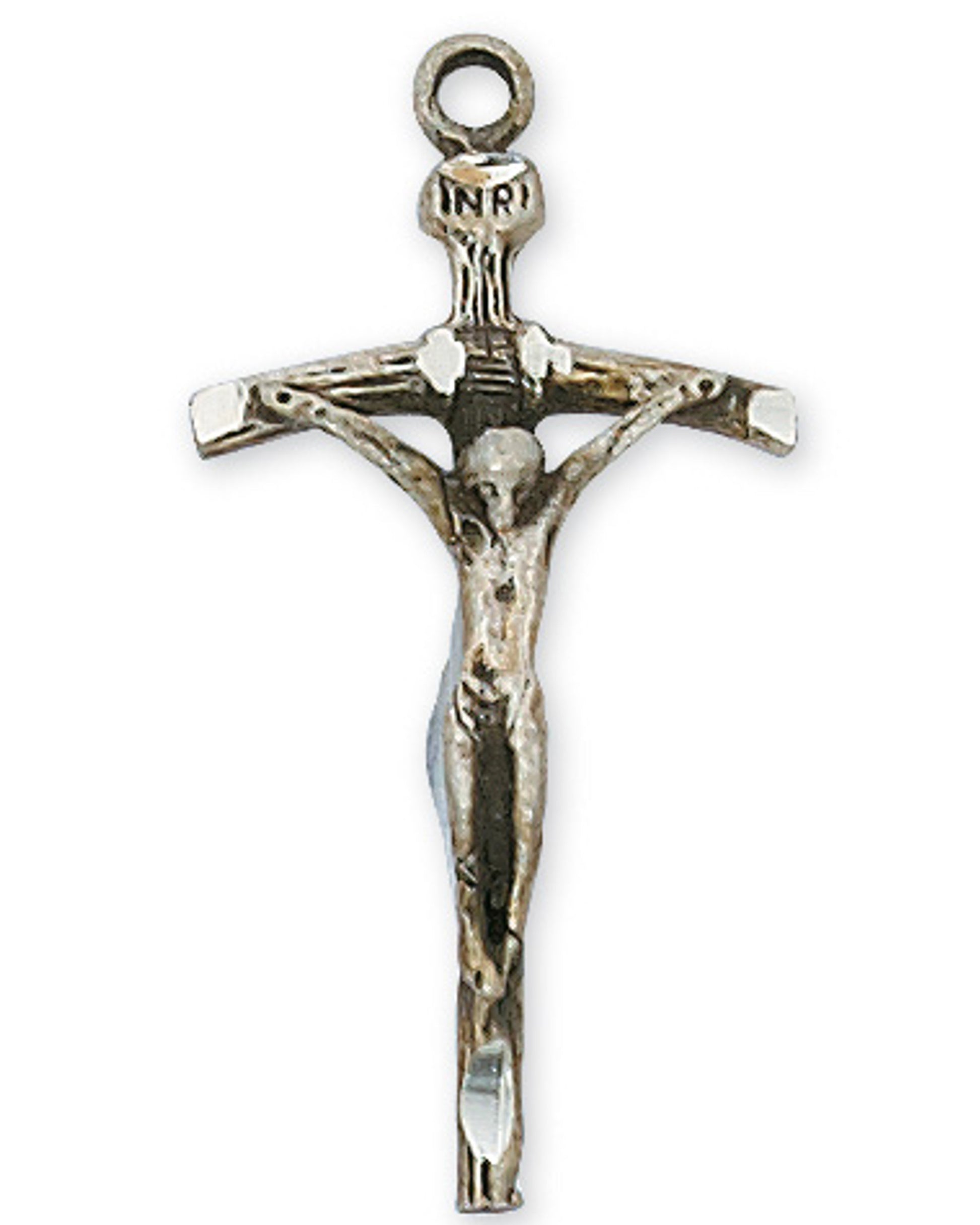 Silver crucifix pendant on a white background