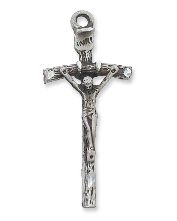 Silver crucifix pendant on a white background