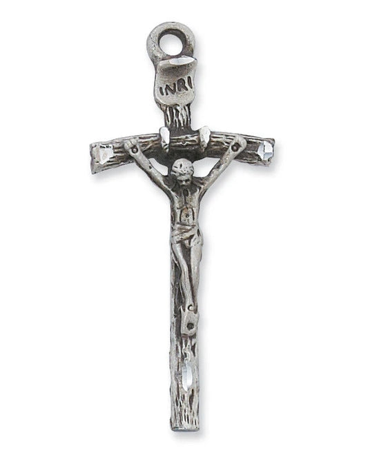 Silver crucifix pendant on a white background