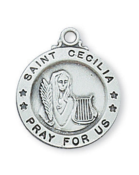 Silver pendant with 'Saint Cecilia' engraving on a white background