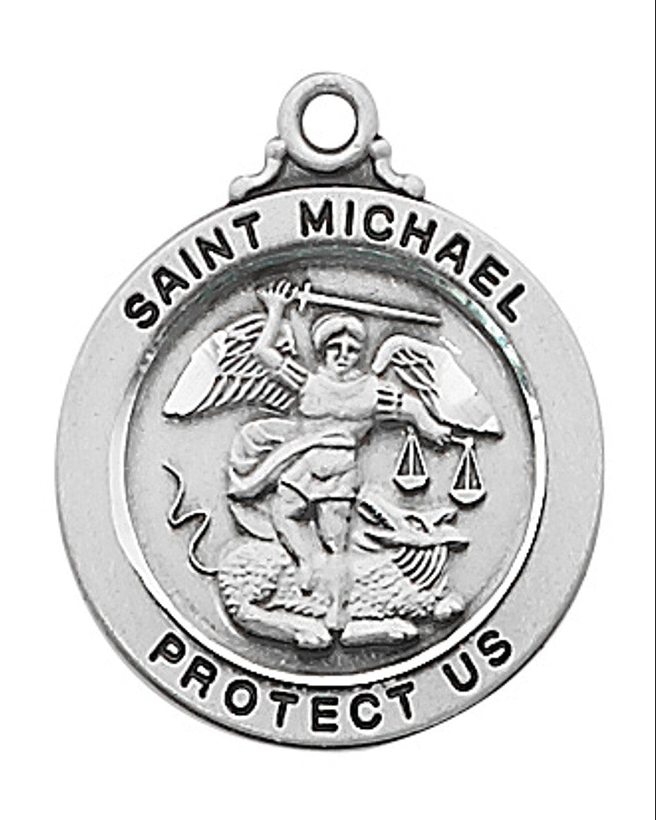 Sterling silver pendant featuring the figure of St. Michael with the inscription 'SAINT MICHAEL PROTECT US' on it.