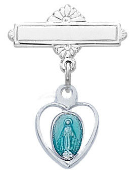 Silver brooch with heart-shaped pendant featuring a blue religious icon on a white background