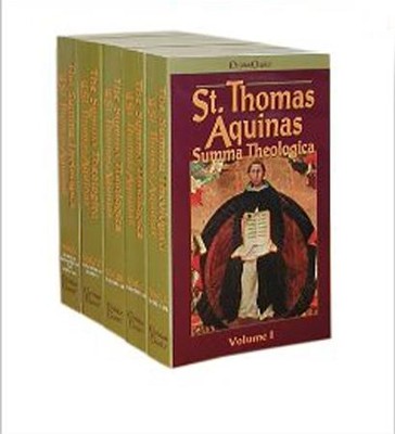 Set of books titled 'St. Thomas Aquinas Summa Theologica' with a prominent cover featuring the philosopher.