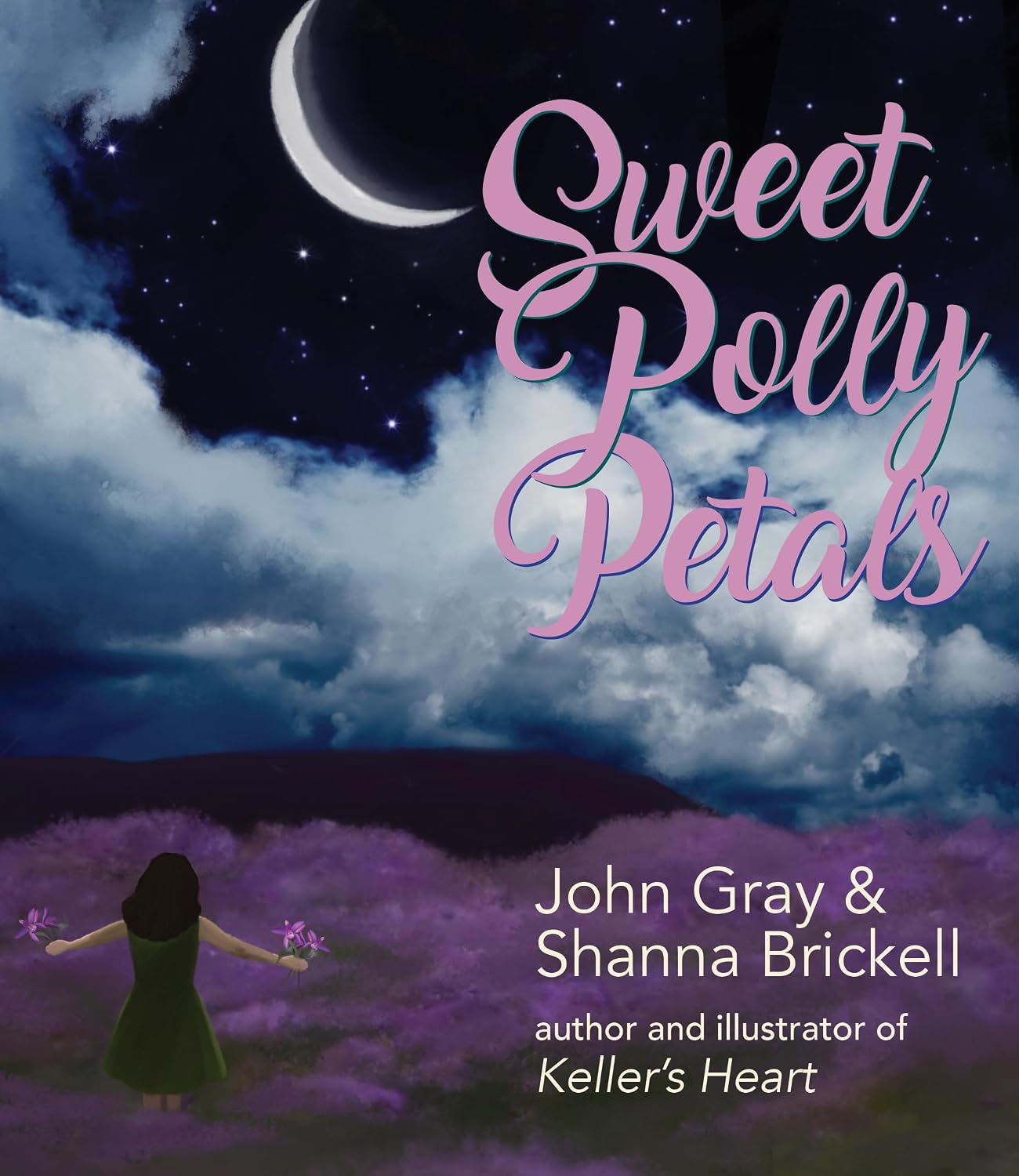 Book cover of 'Sweet Polly Petals' with a woman in a green dress standing in a field of purple flowers under a night sky with a crescent moon.