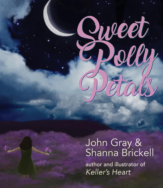 Book cover of 'Sweet Polly Petals' with a woman in a green dress standing in a field of purple flowers under a night sky with a crescent moon.