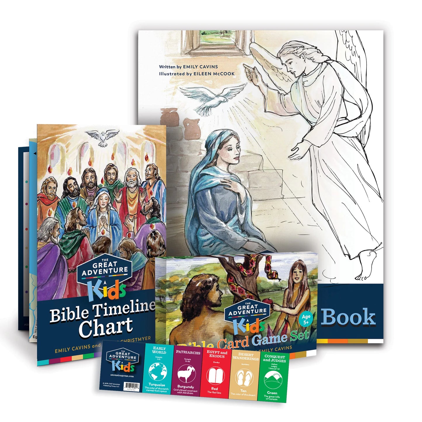 Collection of religious educational materials including books and charts on a white background