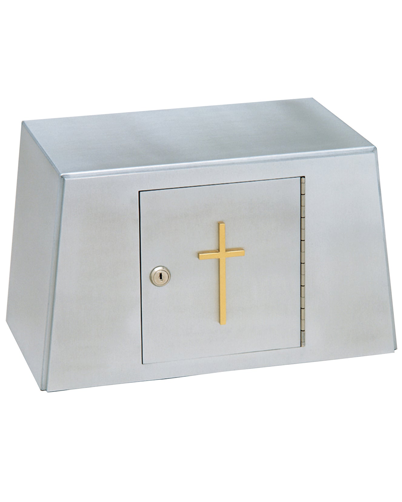 A stainless steel wall-mounted safe or storage cabinet with a front door, keyhole, hinge panel, and a gold cross emblem on the door.