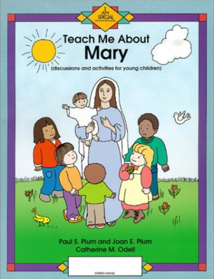 Cover of the book 'Teach Me About Mary' featuring illustrations of a woman believed to represent Mary from the Bible, with a group of diverse children, and the title text.