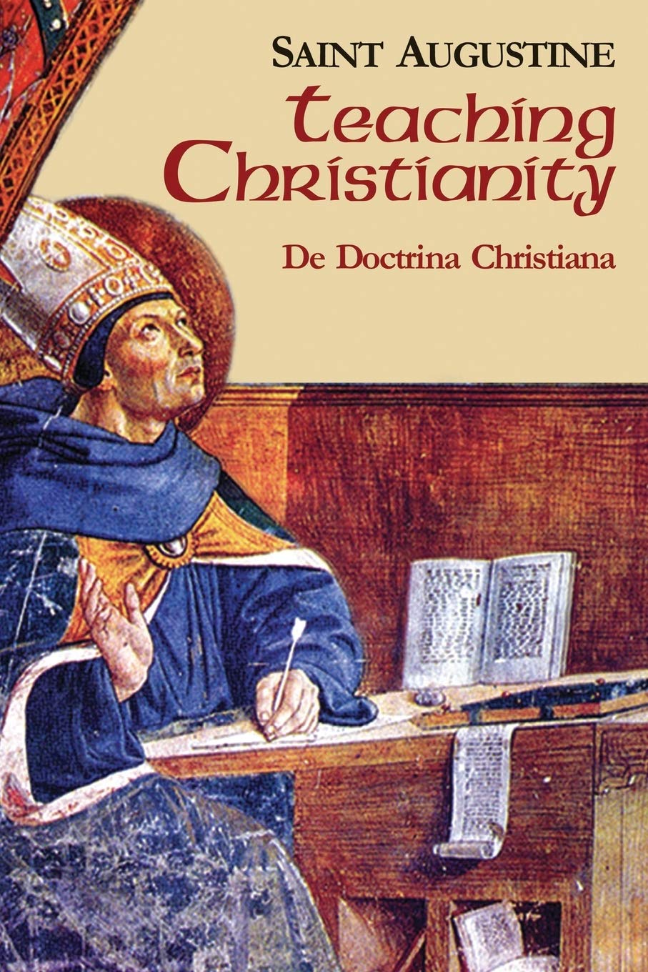 Book cover of 'Teaching Christianity' by Saint Augustine with a historical illustration of a scholar.
