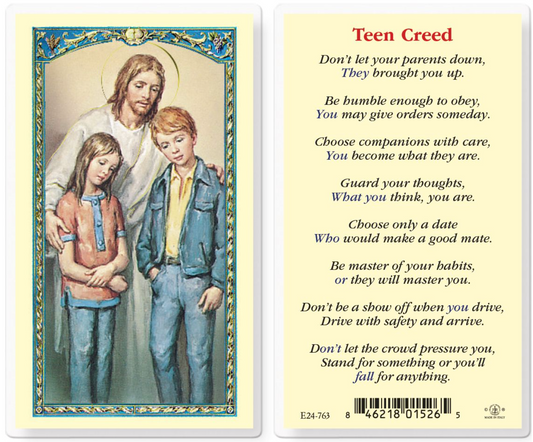 Laminated card with illustration of a man and two children, featuring a Teen Creed text on the right side.