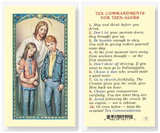 Card with illustration of Jesus and two children, alongside 'Ten Commandments for Teen-Agers' text.