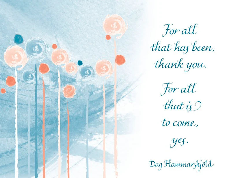 Artistic design with abstract flowers and a quote by Dag Hammarskjöld on a light blue background