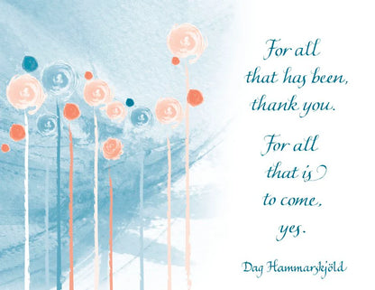 Artistic design with abstract flowers and a quote by Dag Hammarskjöld on a light blue background