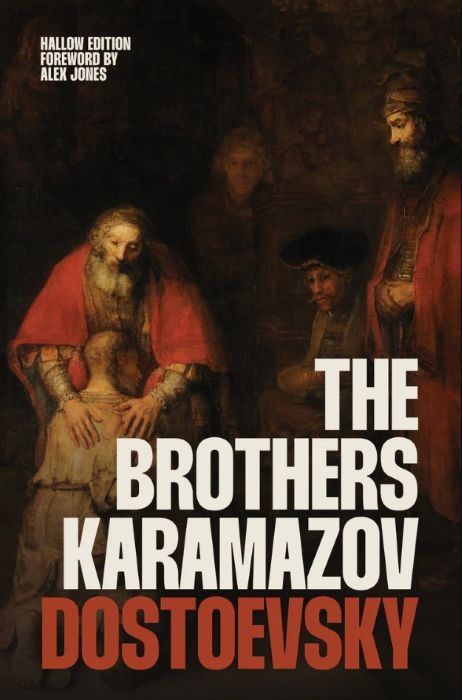 Book cover of 'The Brothers Karamazov' by Fyodor Dostoevsky with a dark background and classical painting elements.