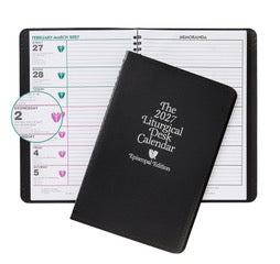 Black planner with '2017 Liturgical Week Calendar' text, open to a weekly layout.