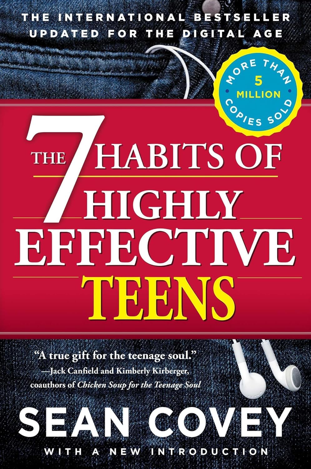 Book cover of 'The 7 Habits of Highly Effective Teens' by Sean Covey with a red background and blue jeans.