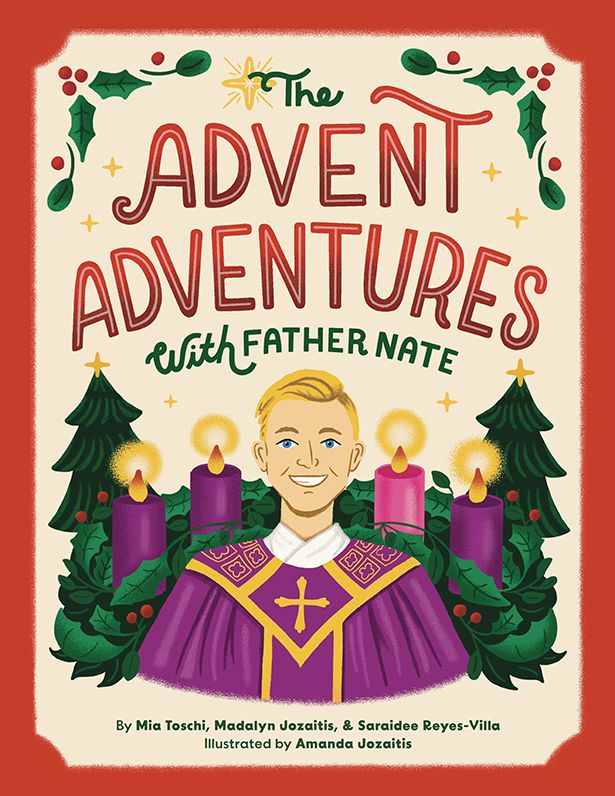 Book cover of 'The Advent Adventures with Father Nate' featuring a priest and Advent wreath.