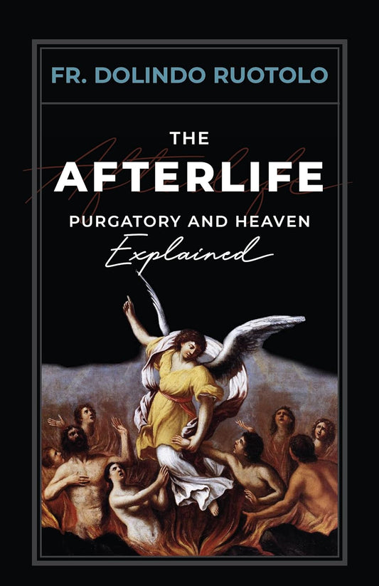 Book cover of 'The Afterlife: Purgatory and Heaven Explained' by Fr. Dolindo Ruotolo with an angel and souls illustration.