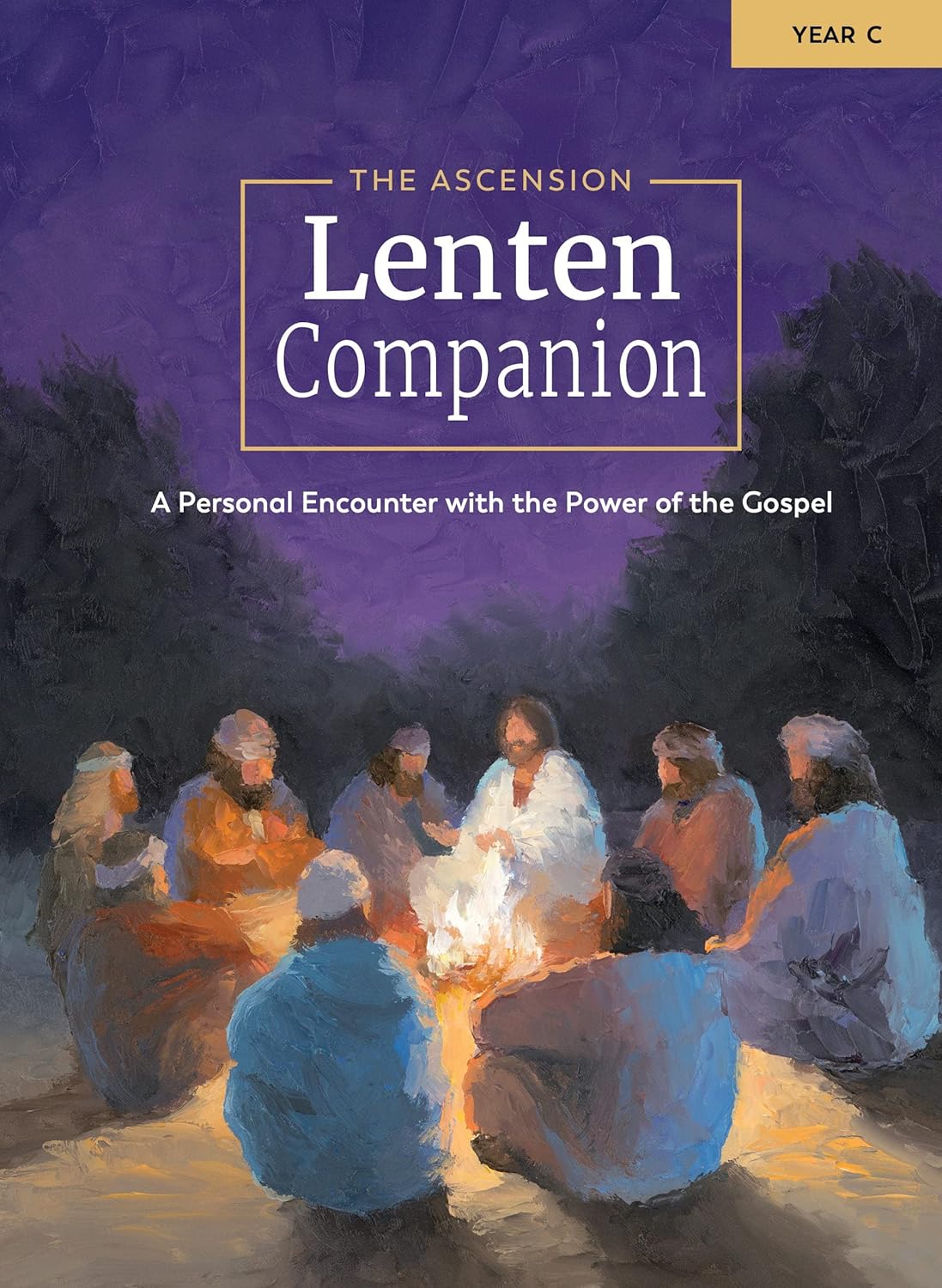 Cover of 'The Ascension Lenten Companion' with people gathered around a fire at night.