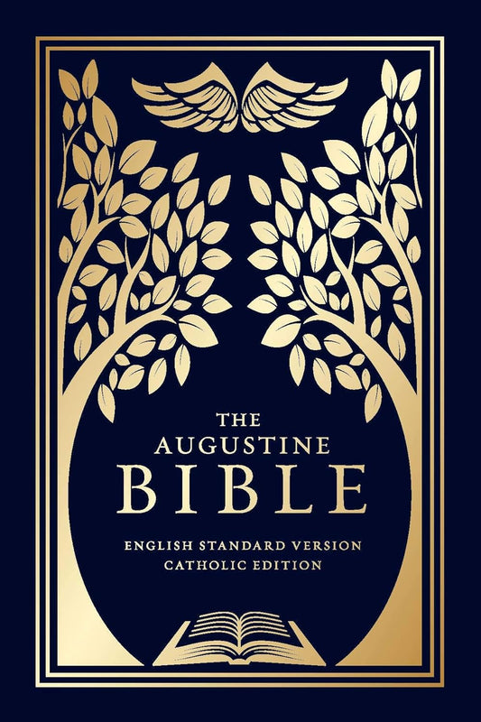 Cover of 'The Augustine Bible' with gold design on a dark blue background