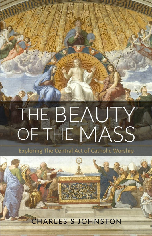 Book cover of 'The Beauty of the Mass' with classical artwork in the background