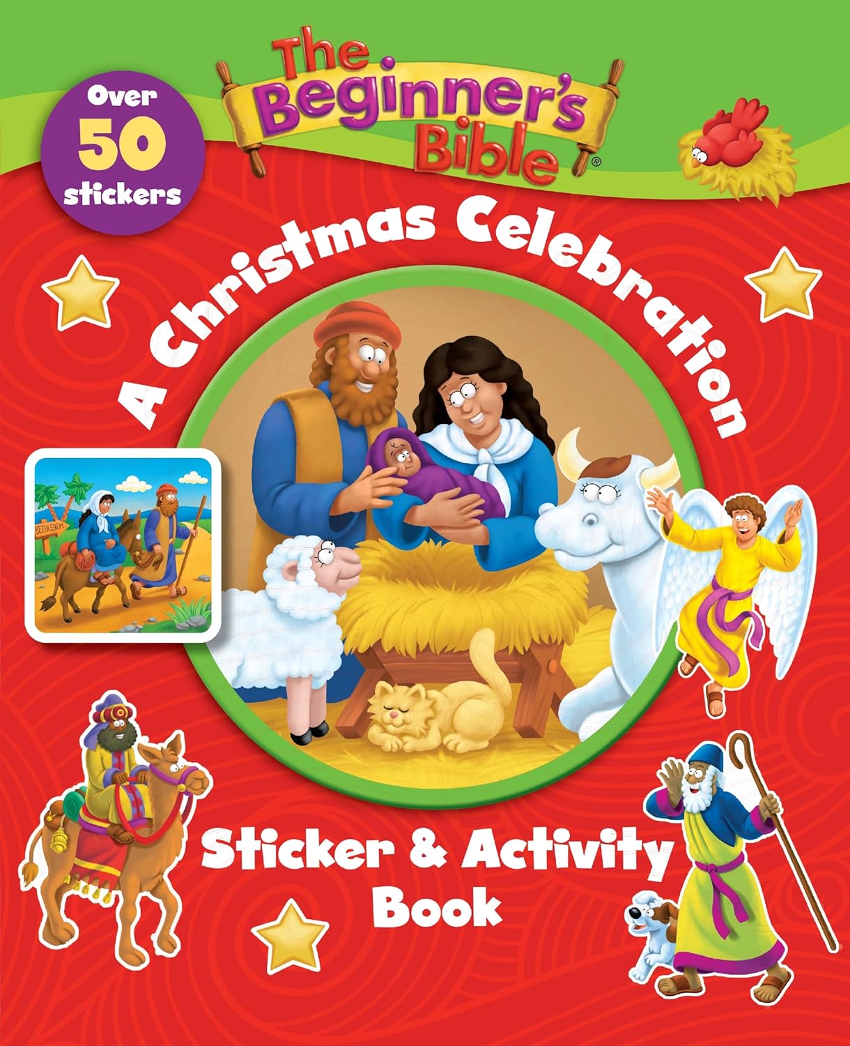 Book cover of 'The Beginner's Bible A Christmas Celebration' with stickers and activities on a red and green background.