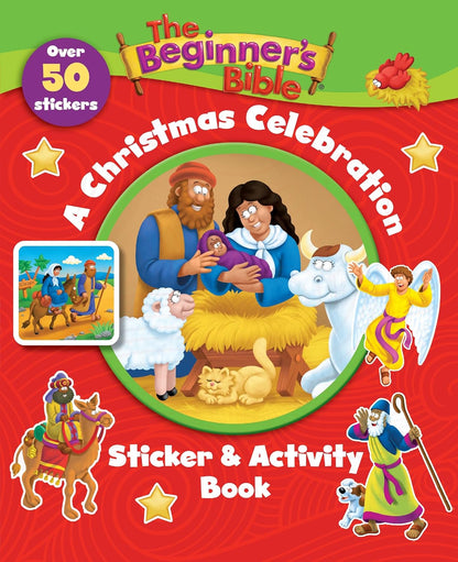 Book cover of 'The Beginner's Bible A Christmas Celebration' with stickers and activities on a red and green background.