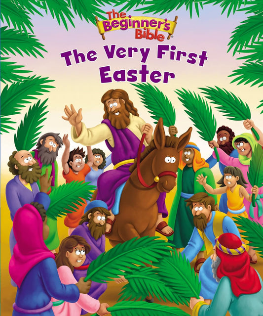 Book cover of 'The Very First Easter' from 'The Beginner's Bible' with cartoon characters and palm leaves.