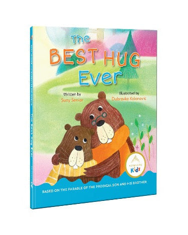 Children's book cover for 'The Best Hug Ever' featuring an illustration of two teddy bears hugging.