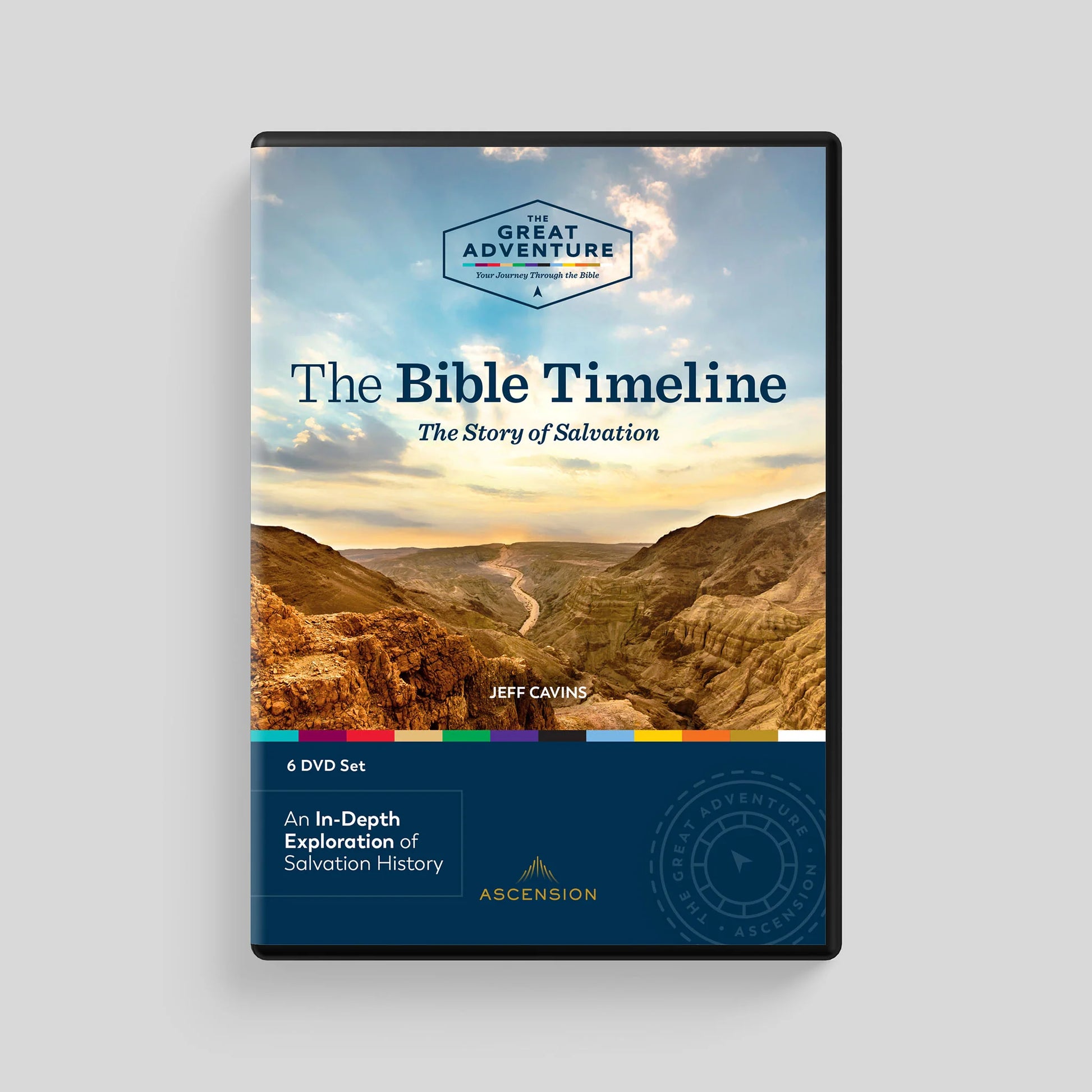 DVD set cover titled 'The Bible Timeline' with a scenic design on a gray background