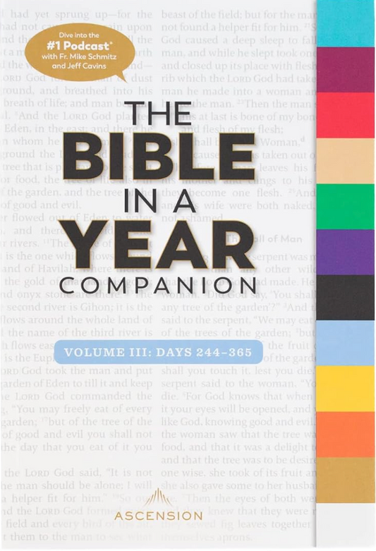 Book titled 'The Bible in a Year Companion Volume III' with colorful design on the side.