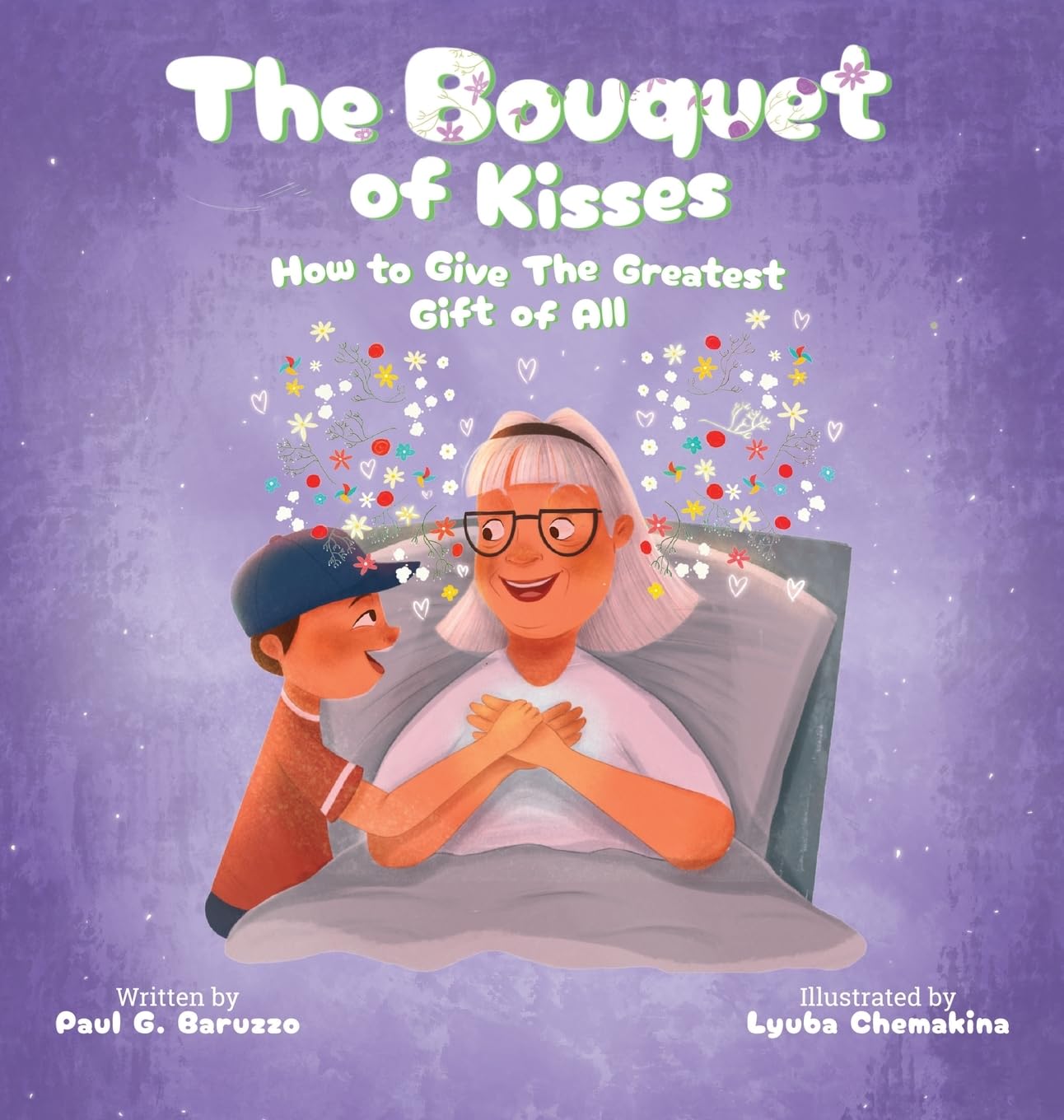 Book cover of 'The Bouquet of Kisses' with an illustration of a boy giving a bouquet to a woman.