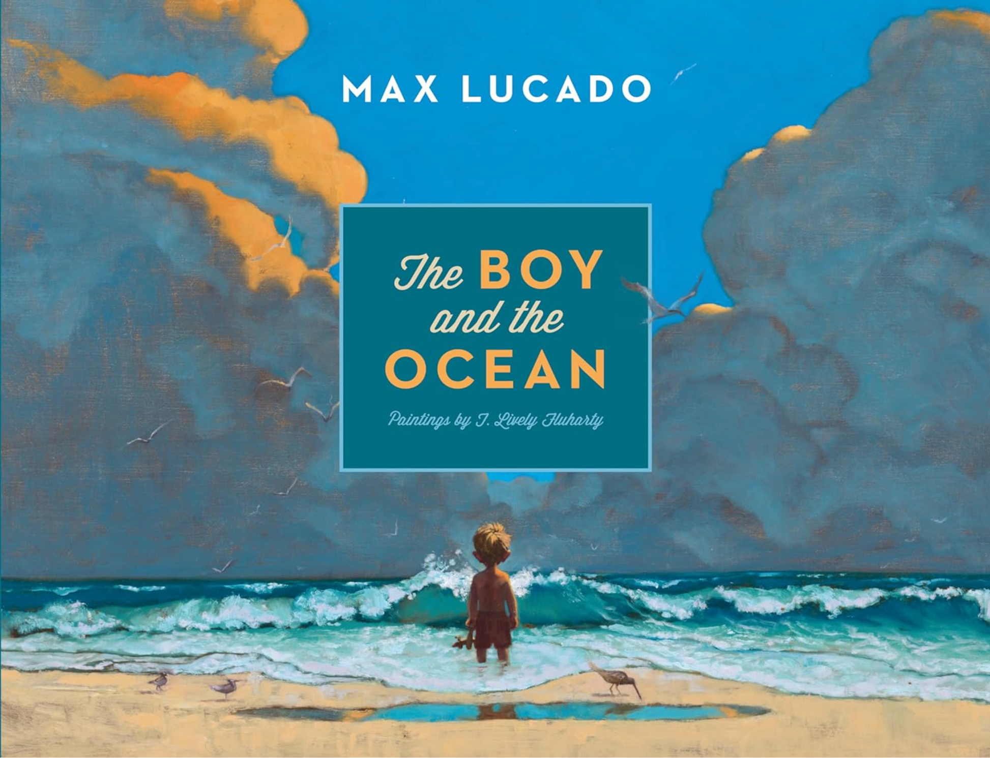 Book cover of 'The Boy and the Ocean' by Max Lucado with a beach scene illustration.