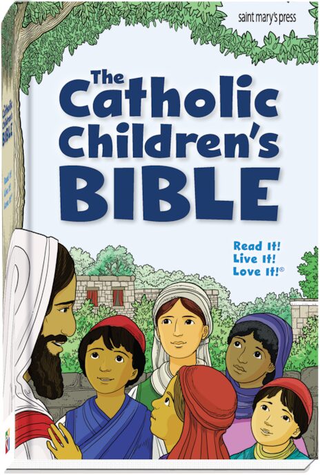 Cover of 'The Catholic Children's Bible' featuring illustrations of characters from the Bible story of Jesus' miracles, with a white background and a tree at the top.