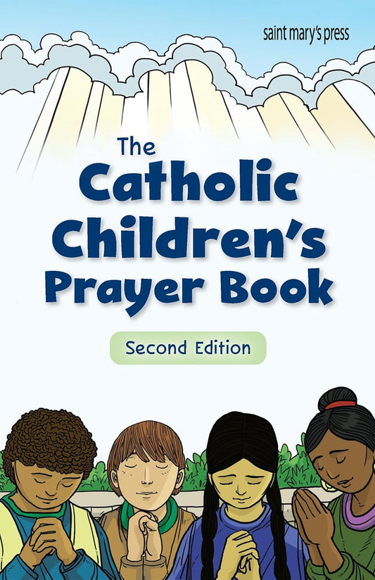 Cover of 'The Catholic Children's Prayer Book' with children praying and mountains in the background.