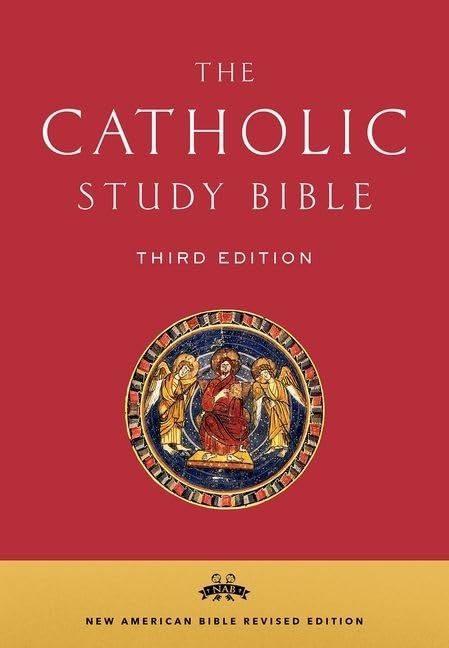 Catholic Study Bible cover with decorative emblem on a red background