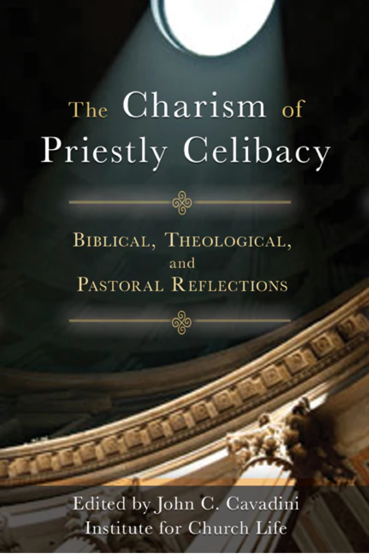 Book cover of 'The Charism of Priestly Celibacy' with architectural elements in the background