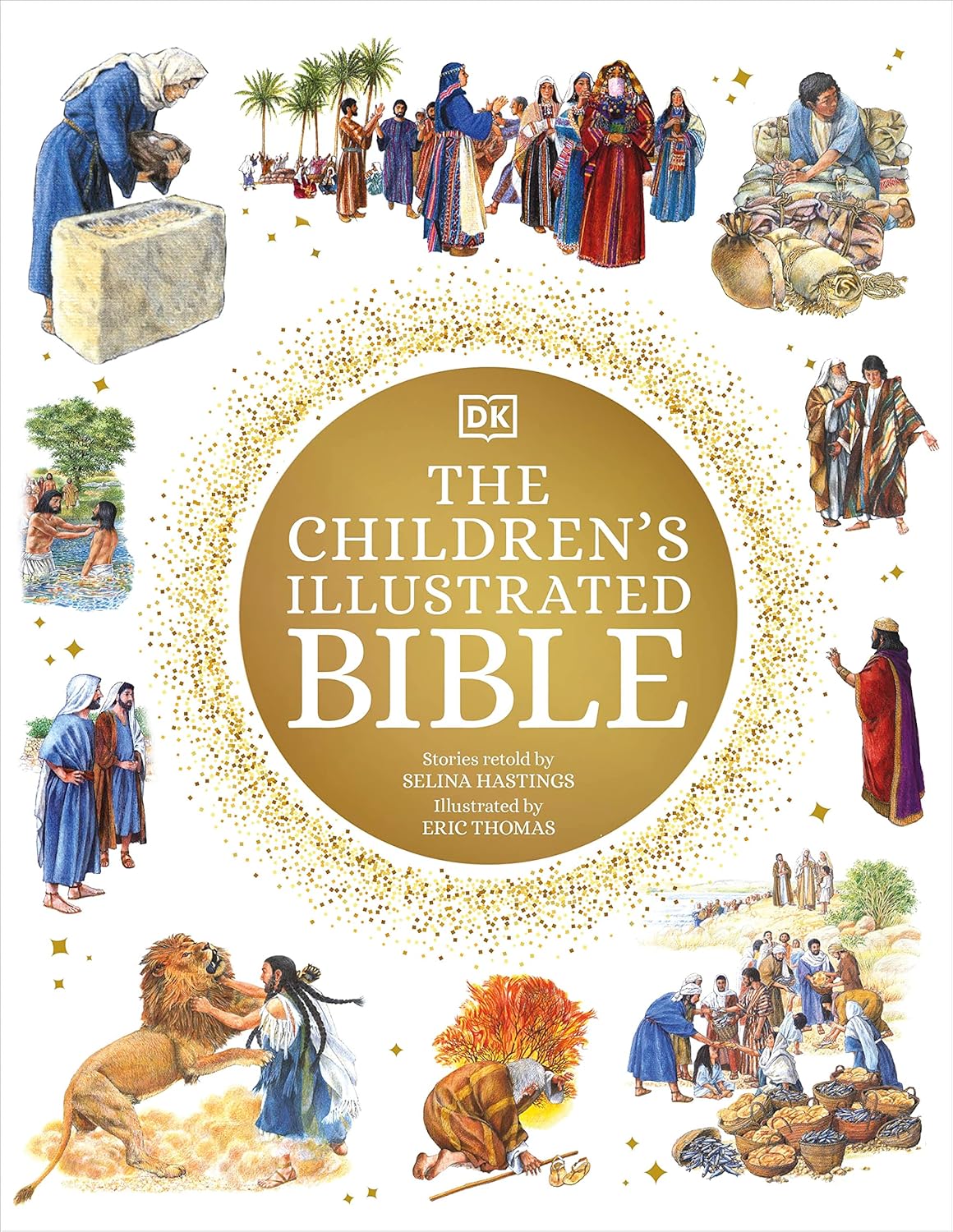 Children's Illustrated Bible cover with illustrations of various biblical scenes.