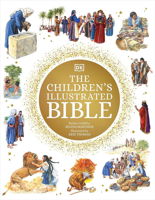 Children's Illustrated Bible cover with illustrations of various biblical scenes.