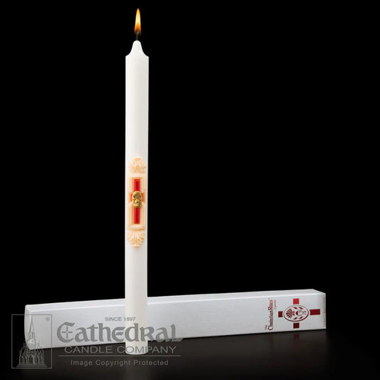 White candle with decorative elements on a black background, featuring the Cathedral Candle Company branding.