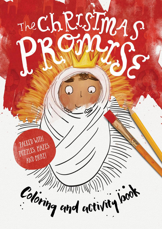 Book cover of 'The Christmas Promise' coloring and activity book with a child-like illustration of a child in a white robe and crown.