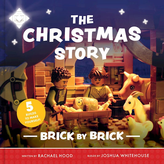 Book cover of 'The Christmas Story Brick by Brick' with LEGO figures and nativity scene.