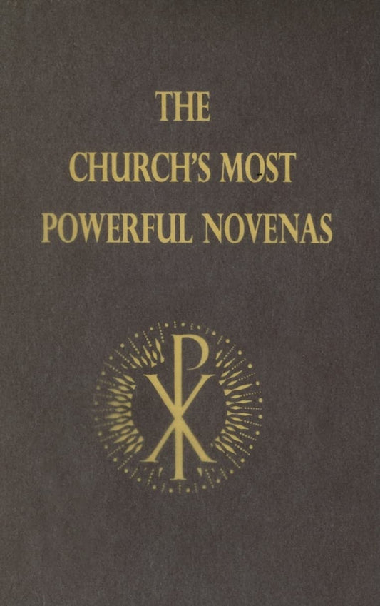 Book cover of 'The Church's Most Powerful Novenas' with a gold symbol on a dark background