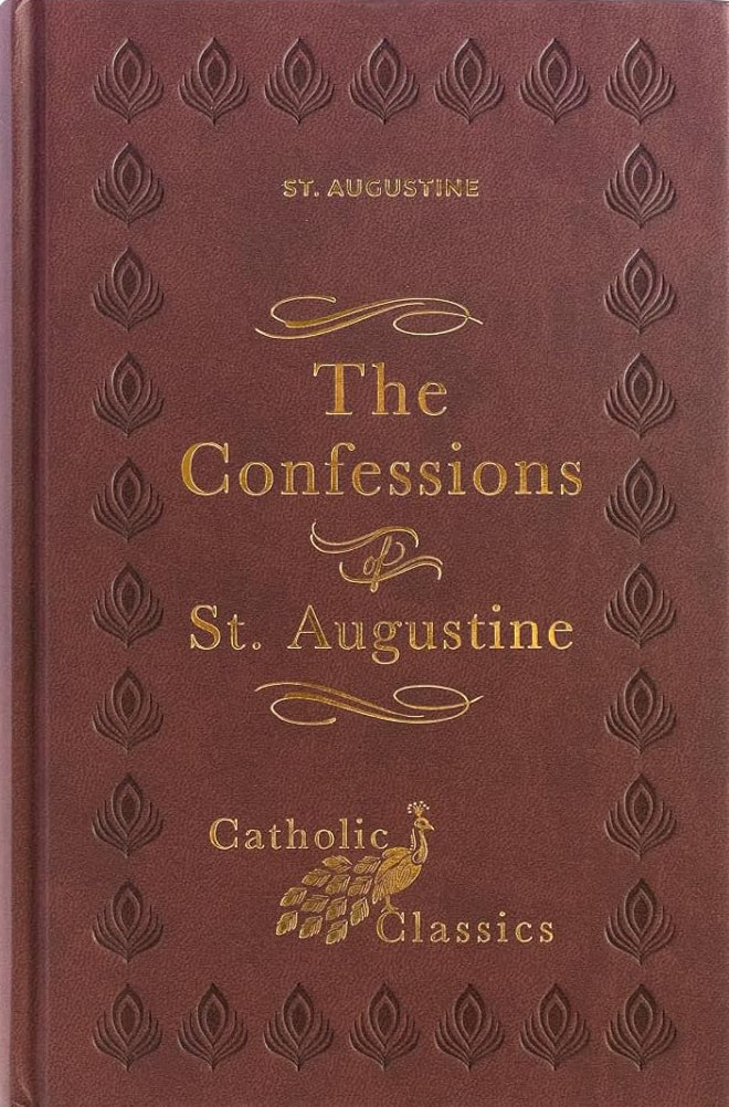 Brown book titled 'The Confessions of St. Augustine' with decorative elements on a white background