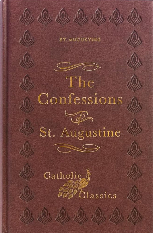 Brown book titled 'The Confessions of St. Augustine' with decorative elements on a white background