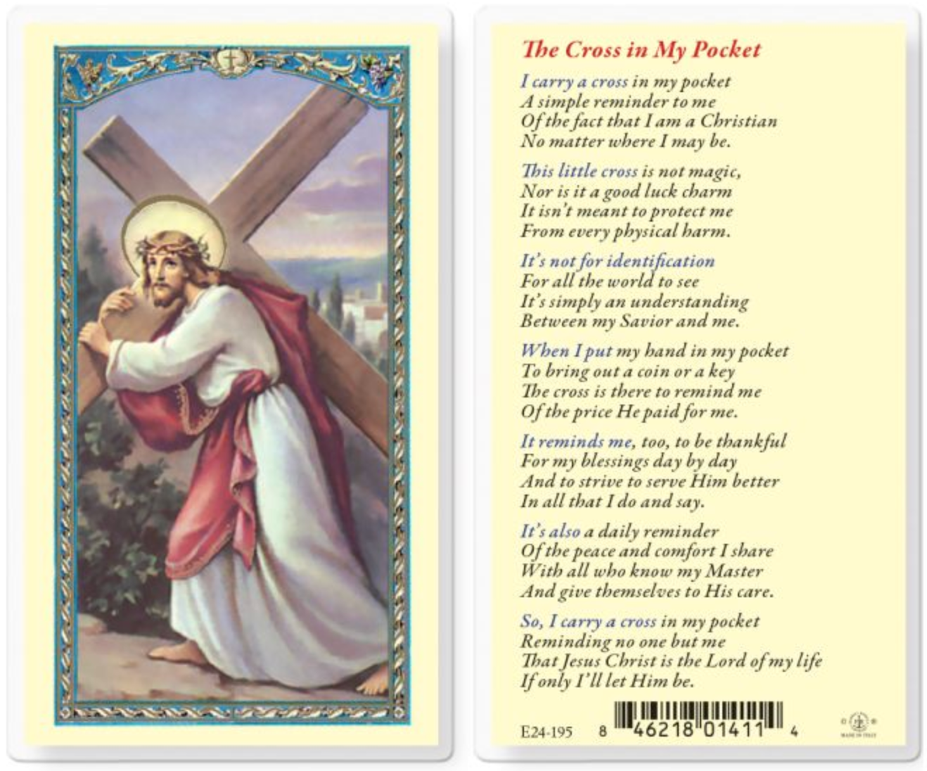 Laminated card with religious illustration of Jesus carrying a cross and text on a white background
